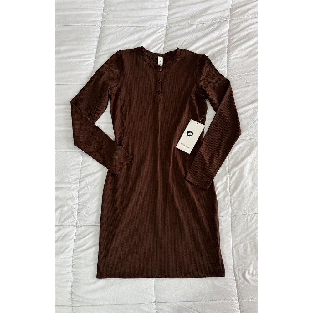New Lululemon All Aligned Ribbed LS Henley Dress Size 8 LAVA CAKE BROWN NWT $128